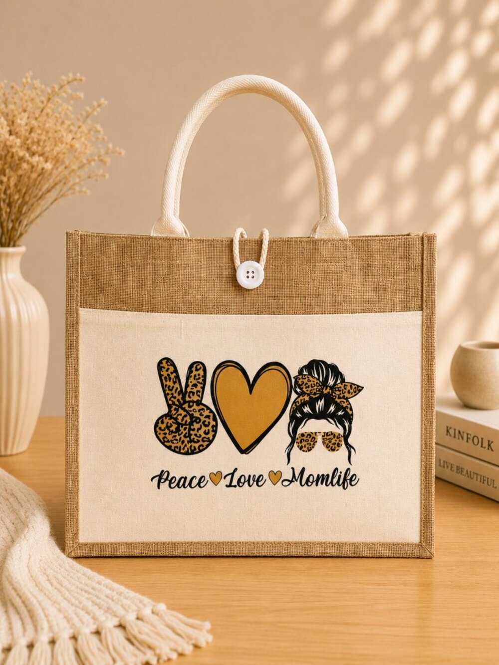 Peace Love Mom Life Tote Bag - Jute Tote - Reusable, Canvas Bag